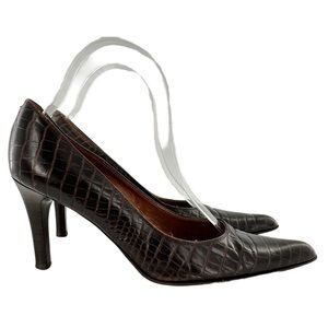 Brooks Brothers 7.5 dark brown leather tortoise embossed pointy toe stilettos